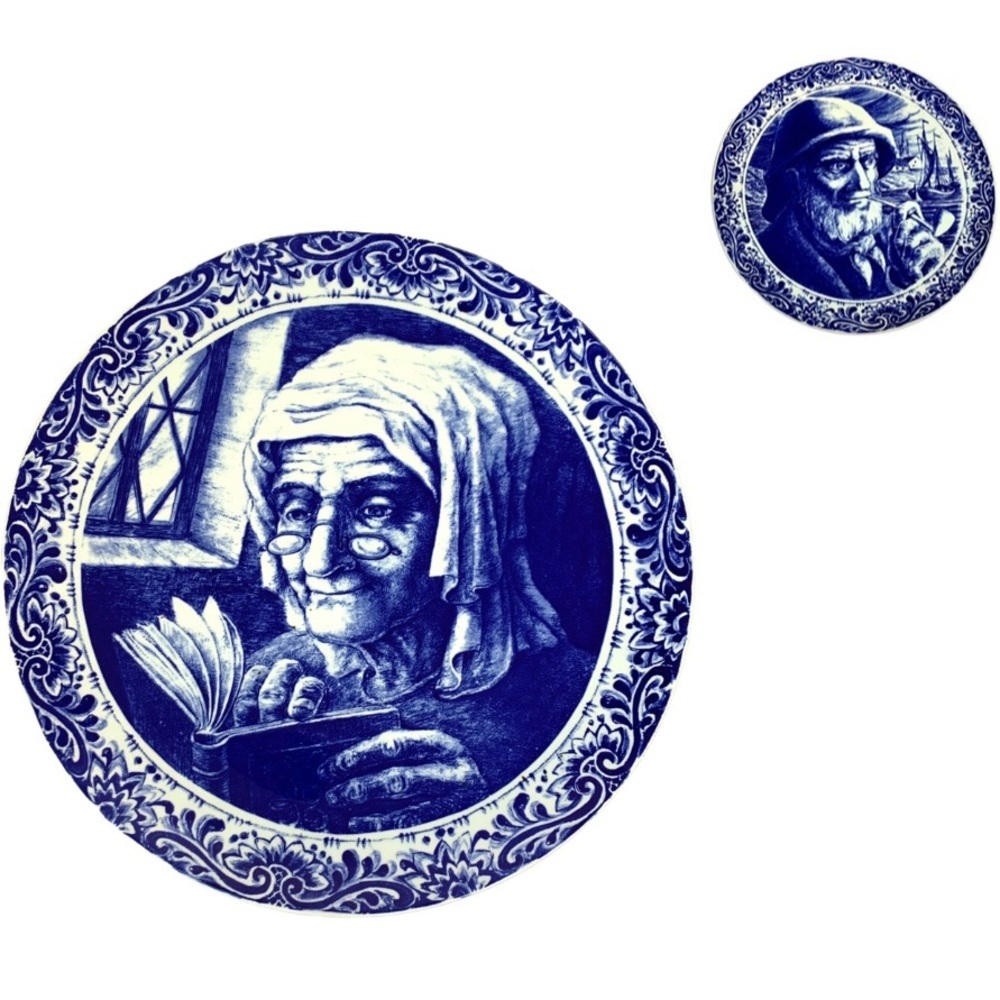 BOCH FRERES La Louvière‎ Delft Blue & White Woman Portrait Reading Book Plate